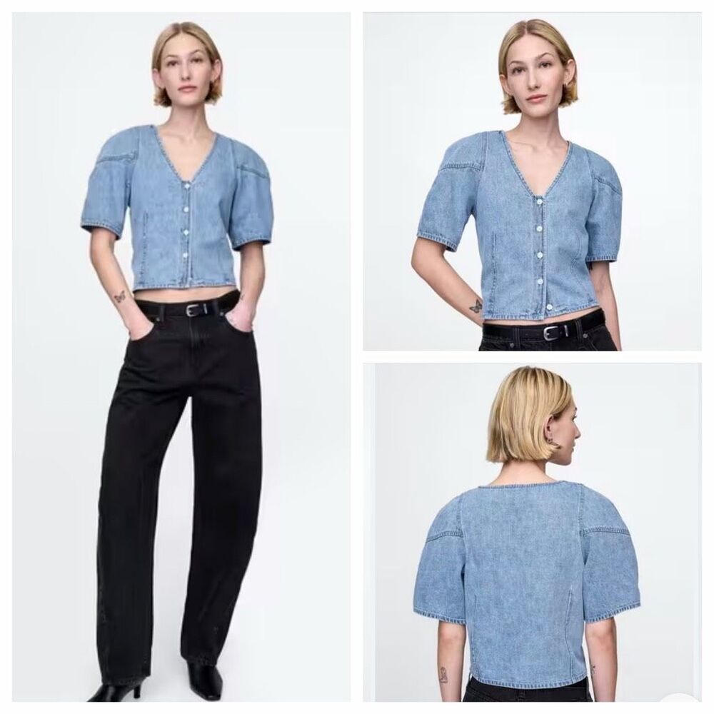 Gap Denim Puff-Sleeve Seamed V-Neck Top Size MT